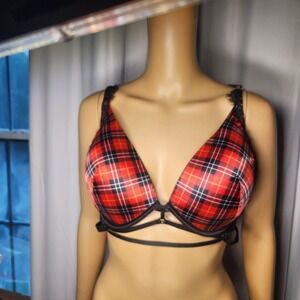 Victoria's Secret 36DDD Very Sexy Black Red Plaid Bra NWT Eyelash Detail Straps